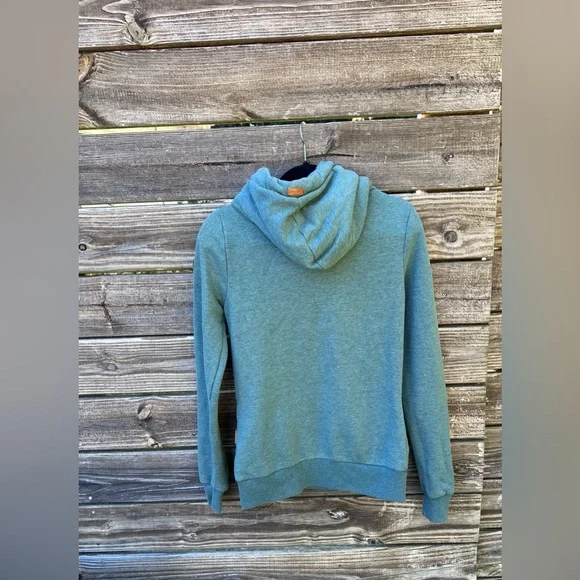 Wanakome Teal Pullover Sweatshirt Cowl Neck Brown Accents Rope Drawstring Pocket - Picture 3 of 8